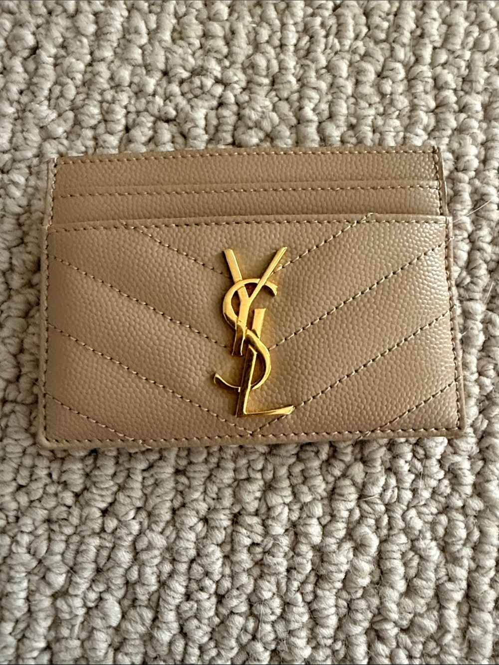 Saint Laurent Taupe Quilted Leather Card Case with Gold YSL Monogram